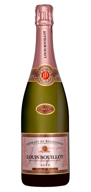 Photo d'une bouteille de crémant de Bourgogne, présentée sur un fond élégant et blanc. Il se distingue par sa bouteille et ses bulles fines, parfait pour des célébrations et des moments festifs