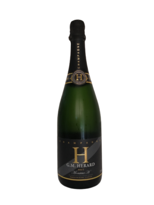 Photo d'une bouteille de champagne, présentée sur un fond élégant et blanc. Le champagne se distingue par sa bouteille et ses bulles fines, parfait pour des célébrations et des moments festifs