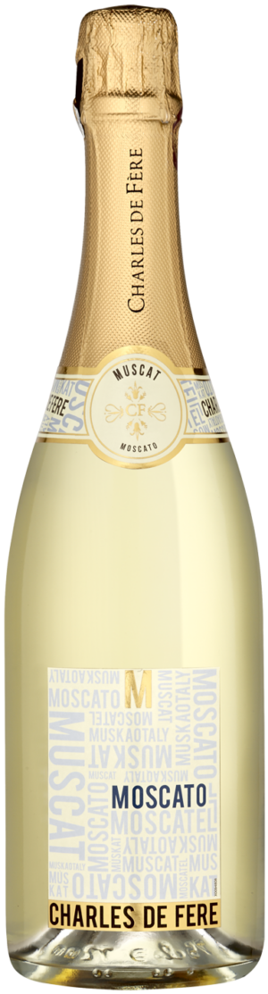 Photo d'une bouteille de Moscato, présentée sur un fond élégant et blanc. Le moscato se distingue par sa bouteille et ses bulles fines (muscat pétillant), parfait pour des célébrations et des moments festifs