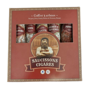 Photo d'un coffret de saucisson, présentée sur un fond blanc. Parfait en accompagnement d'un apéritif.