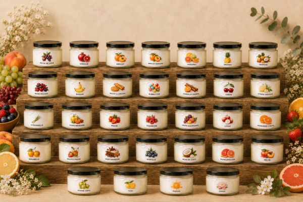 Photo de plusieurs bougies, présentées sur un fond élégant.