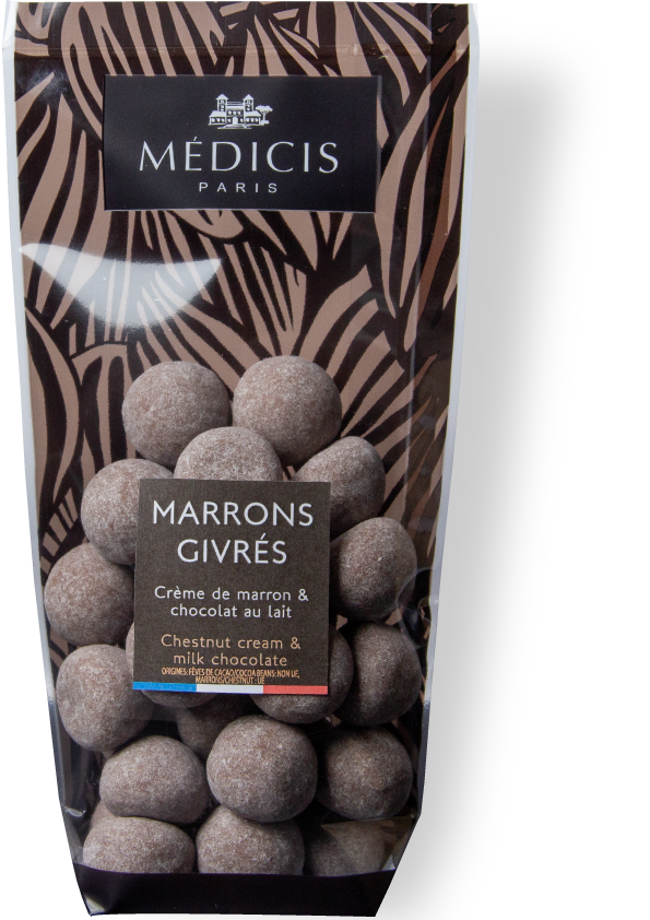 Photo d'un paquet de marrons givrés, présentée sur un fond blanc.