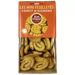 Photo d'un paquet de biscuits salés d'escargot au confit d'oignon, présenté sur un fond blanc.