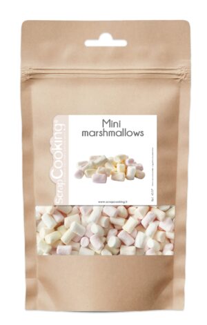 Photo d'un sachet de marshmallows, présentée sur un fond blanc.