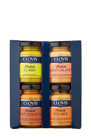 Photo d'un coffret de moutarde, présentée sur un fond blanc.