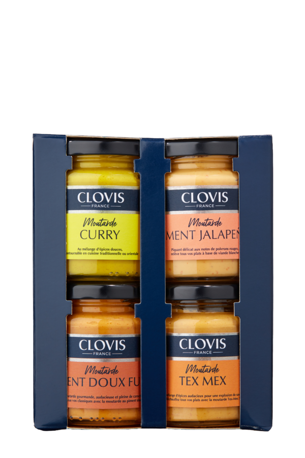 Photo d'un coffret de moutarde, présentée sur un fond blanc.
