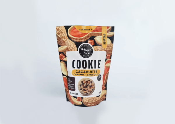 Photo d'un sachet de cookies, présenté sur un fond blanc.