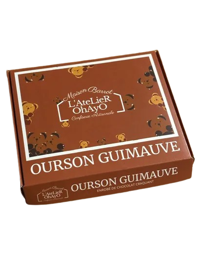 Photo d'une boîte d'oursons guimauves, présentée sur un fond blanc.