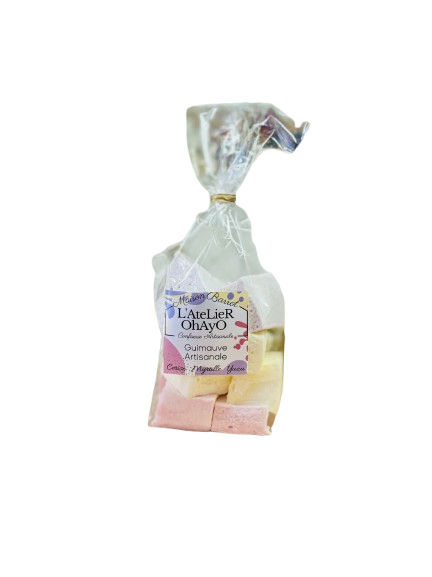 Photo d'un sachet de guimauve, présentée sur un fond blanc.