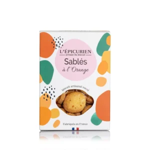 Photo d'un paquet de sablés à l'orange, présenté sur un fond blanc.